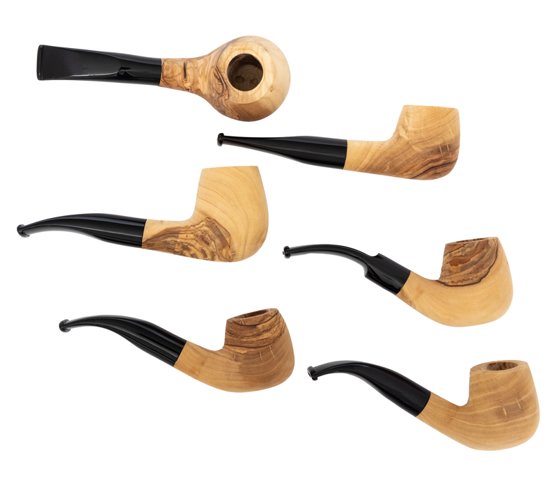 Pipes | Hanseatic Spirit Pipe Set Natural Olivewood with black stems PACK OF 6