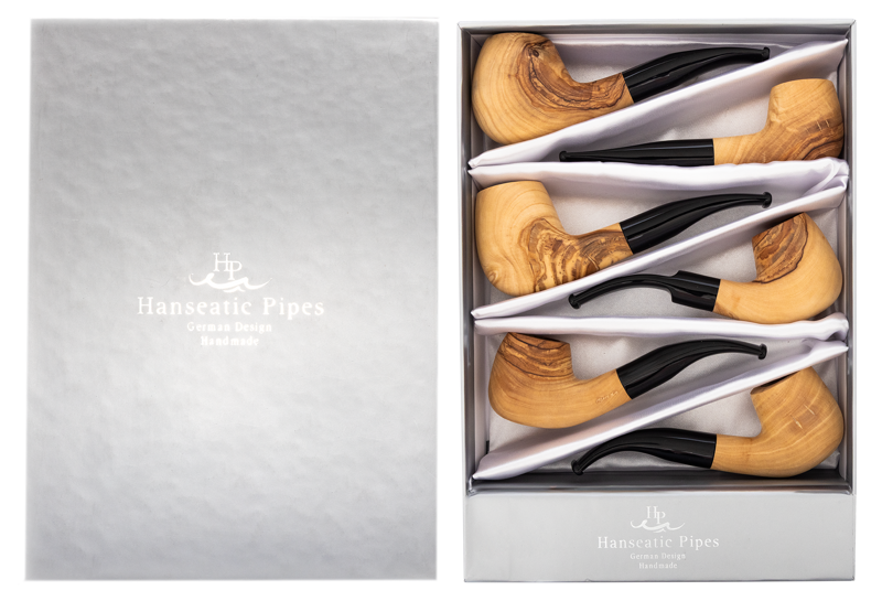Pipes | Hanseatic Spirit Pipe Set Natural Olivewood with black stems PACK OF 6