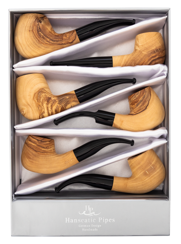 Pipes | Hanseatic Spirit Pipe Set Natural Olivewood with black stems PACK OF 6