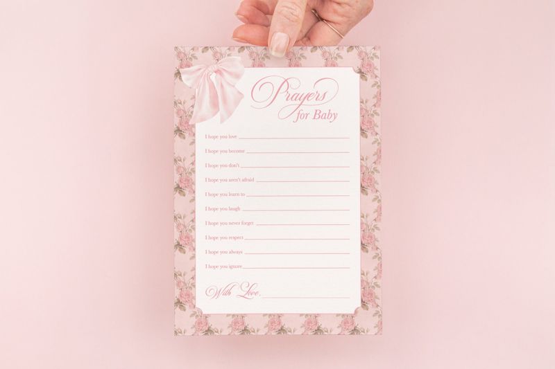 Prayers for Baby Girl Shower Game - Fancy Pink Bow - Baby Girl Sprinkle - Printed Game Cards - (20 printed cards)