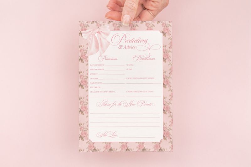 Predictions and Advice Baby Girl Shower Game - Fancy Pink Bow - Baby Girl Sprinkle - Printed Game Cards - (20 printed cards)