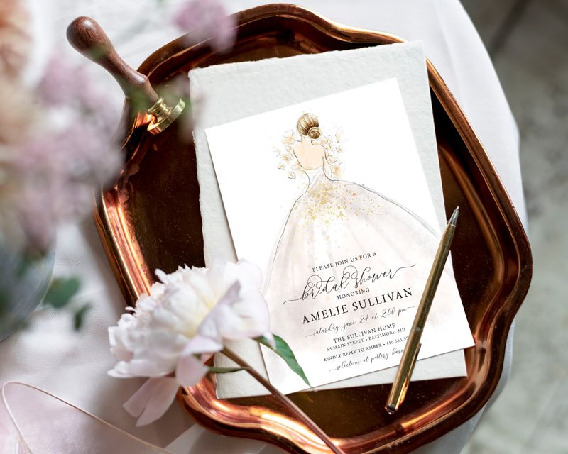Wedding Dress Bridal Shower Invitations, bridesmaid luncheon, bridal luncheon invitation, bridal tea invite, bridesmaid brunch, Blonde Bride (10 printed invitations | Plain White Envelopes)
