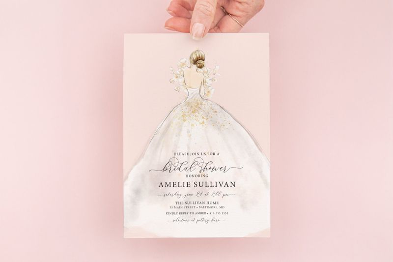 Wedding Dress Bridal Shower Invitations, bridesmaid luncheon, bridal luncheon invitation, bridal tea invite, bridesmaid brunch, Blonde Bride (10 printed invitations | Plain White Envelopes)