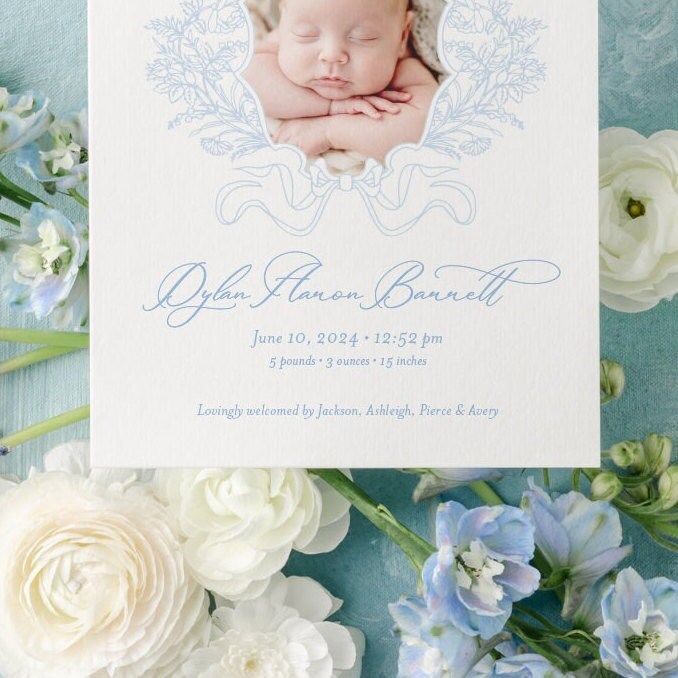 Baby Boy Birth Announcements Printed (10 printed invitations, Plain White Envelopes)