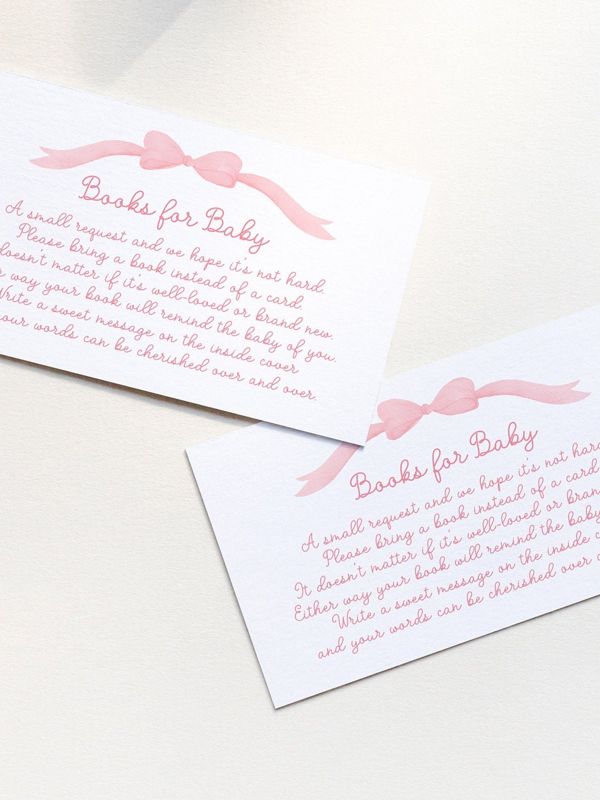 Pink Bow, Baby Shower Books for Baby Insert Cards, Printed Book Insert Cards, Girl Baby Shower, Bring a book instead of a card (20 printed cards)