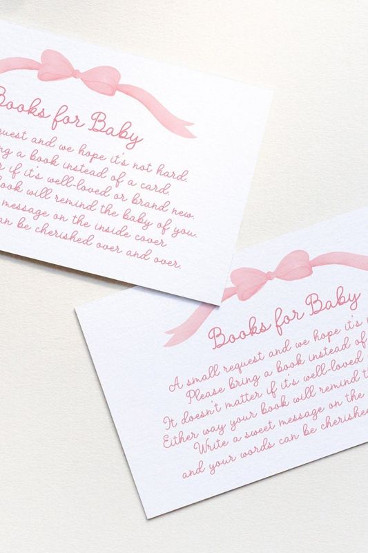 Pink Bow, Baby Shower Books for Baby Insert Cards, Printed Book Insert Cards, Girl Baby Shower, Bring a book instead of a card (20 printed cards)