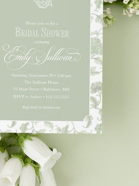 Sage Green Toile Bridal Shower Invitations - Bridesmaids Luncheon  - Winter Bridal Brunch - Classic Traditional Bridal Tea (10 printed invitations | Plain White Envelopes)