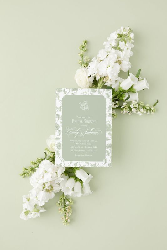 Sage Green Toile Bridal Shower Invitations - Bridesmaids Luncheon  - Winter Bridal Brunch - Classic Traditional Bridal Tea (10 printed invitations | Plain White Envelopes)