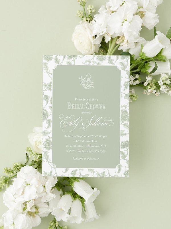 Sage Green Toile Bridal Shower Invitations - Bridesmaids Luncheon  - Winter Bridal Brunch - Classic Traditional Bridal Tea (10 printed invitations | Plain White Envelopes)