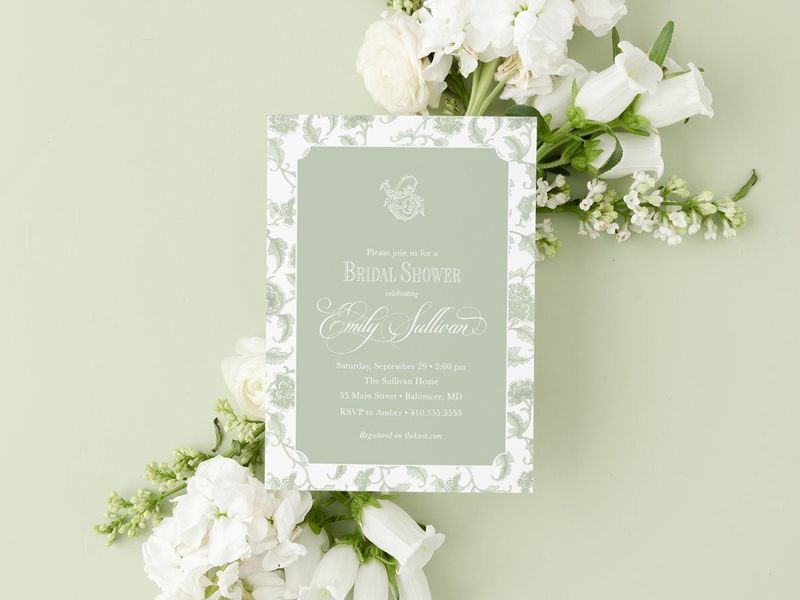 Sage Green Toile Bridal Shower Invitations - Bridesmaids Luncheon  - Winter Bridal Brunch - Classic Traditional Bridal Tea (10 printed invitations | Plain White Envelopes)