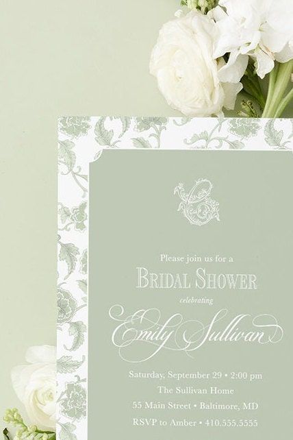 Sage Green Toile Bridal Shower Invitations - Bridesmaids Luncheon  - Winter Bridal Brunch - Classic Traditional Bridal Tea (10 printed invitations | Plain White Envelopes)