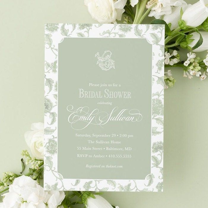 Sage Green Toile Bridal Shower Invitations - Bridesmaids Luncheon  - Winter Bridal Brunch - Classic Traditional Bridal Tea (10 printed invitations | Plain White Envelopes)