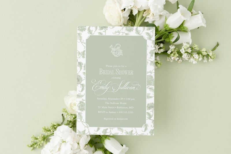 Sage Green Toile Bridal Shower Invitations - Bridesmaids Luncheon  - Winter Bridal Brunch - Classic Traditional Bridal Tea (10 printed invitations | Plain White Envelopes)