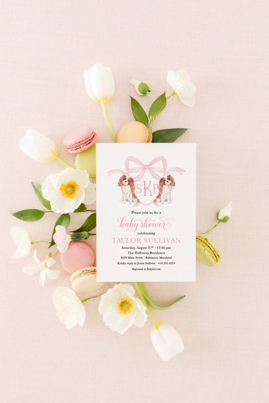 Baby Girl Shower Invitations with Cavalier King Charles Dogs, Preppy Watercolor Crest, Monogram Bow Baby Girl Sprinkle with Dogs
