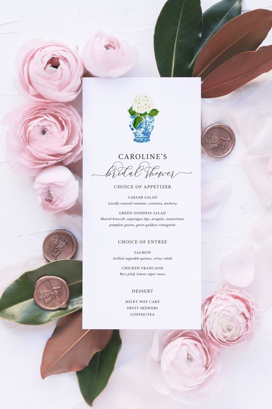 Menu Cards - Bridal Shower Menu - Chinoiserie Printed Menu - Wedding Menu - Ginger Jar Hyndrangea Bridal Shower Menu