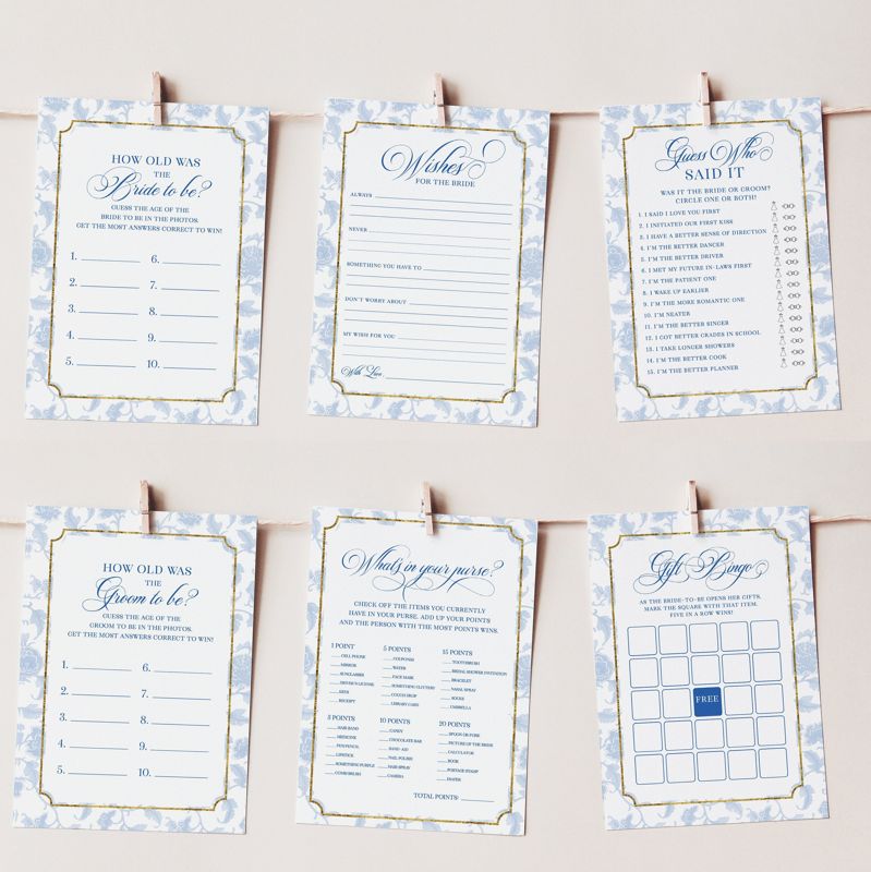 Bridal Shower Games Bundle - Blue Chinoiserie Printable Games - Bridal Bingo - Guess Who Said it - What's in your purse - Wishes for bride