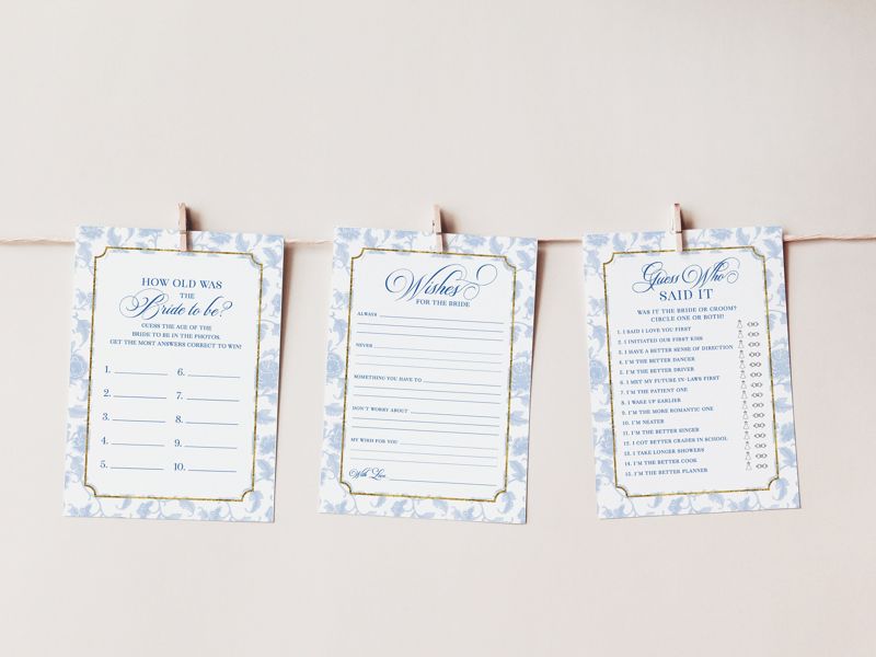 Bridal Shower Games Bundle - Blue Chinoiserie Printable Games - Bridal Bingo - Guess Who Said it - What's in your purse - Wishes for bride