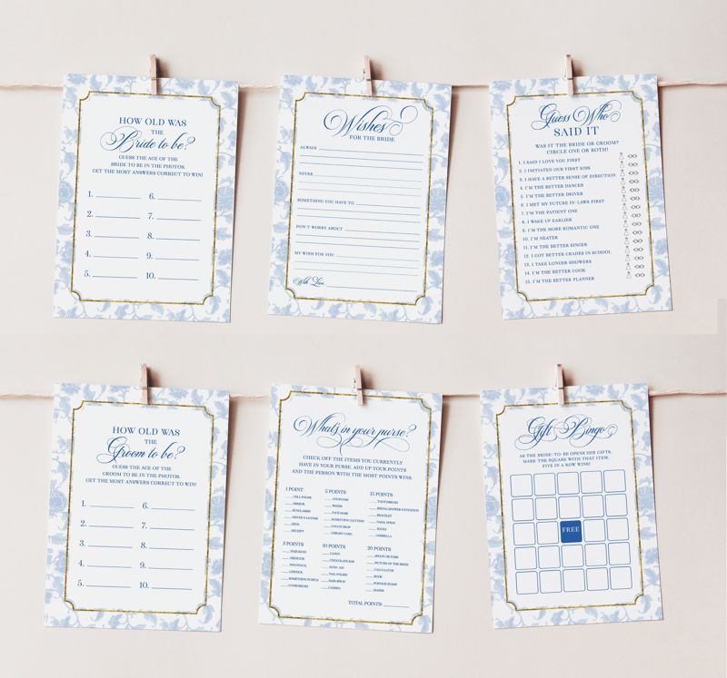 Bridal Shower Games Bundle - Blue Chinoiserie Printable Games - Bridal Bingo - Guess Who Said it - What's in your purse - Wishes for bride