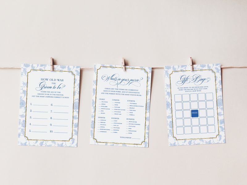 Bridal Shower Games Bundle - Blue Chinoiserie Printable Games - Bridal Bingo - Guess Who Said it - What's in your purse - Wishes for bride