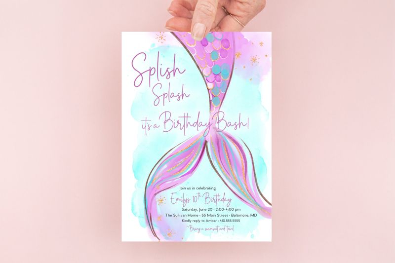 Mermaid Birthday Invitations, Girl Birthday Party Invites, pool party invitation, Mermaid Tail, Under the Sea, Swimming Party, Splish Splash