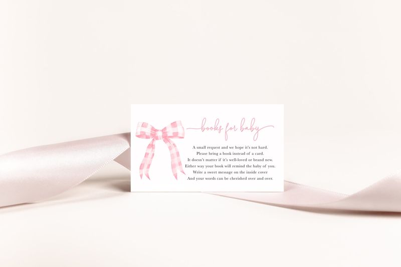 Preppy Pink Gingham Bow Baby Shower Book Request Insert Cards (20 printed cards)