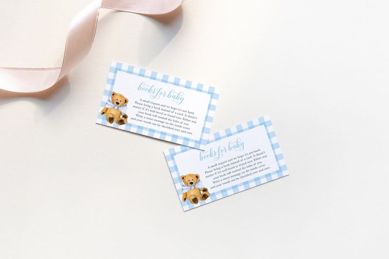 Books for Baby Insert Card - Teddy Bear Baby Shower - Blue Gingham Baby Sprinkle Book Request Insert Cards Printed (20 printed cards)