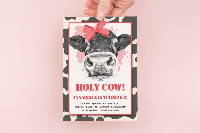 Holy Cow - Red Cow Birthday Party Invitation - Girl Farm Party Invites - Girl Birthday Party Invitation - Red Cow Birthday Invitation (10 printed invitations | Plain White Envelopes)