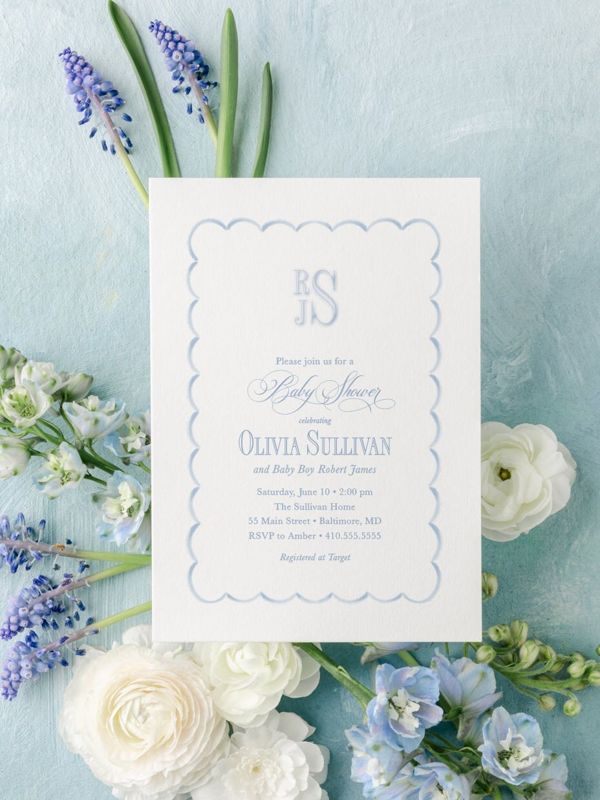 Baby Boy Shower Invitations Scallop Frame - Boy Baby Sprinkle - Classic Invite - Blue Monogram Traditional Boy Sip and See - Baby Brunch (10 printed invitations | Plain White Envelopes)