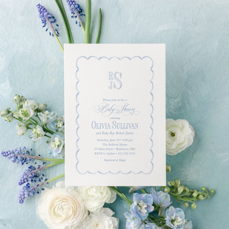 Baby Boy Shower Invitations Scallop Frame - Boy Baby Sprinkle - Classic Invite - Blue Monogram Traditional Boy Sip and See - Baby Brunch (10 printed invitations | Plain White Envelopes)