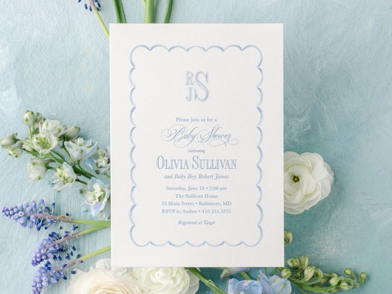 Baby Boy Shower Invitations Scallop Frame - Boy Baby Sprinkle - Classic Invite - Blue Monogram Traditional Boy Sip and See - Baby Brunch (10 printed invitations | Plain White Envelopes)