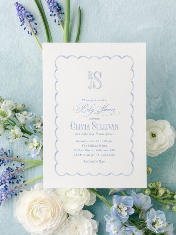 Baby Boy Shower Invitations Scallop Frame - Boy Baby Sprinkle - Classic Invite - Blue Monogram Traditional Boy Sip and See - Baby Brunch (10 printed invitations | Plain White Envelopes)