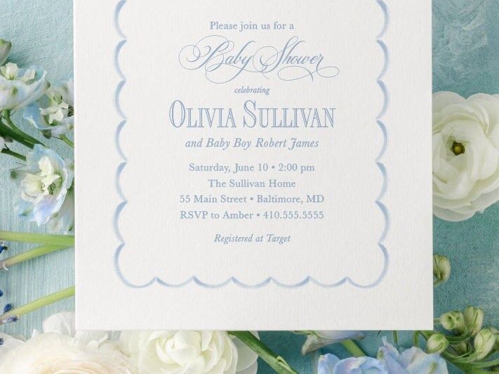 Baby Boy Shower Invitations Scallop Frame - Boy Baby Sprinkle - Classic Invite - Blue Monogram Traditional Boy Sip and See - Baby Brunch (10 printed invitations | Plain White Envelopes)