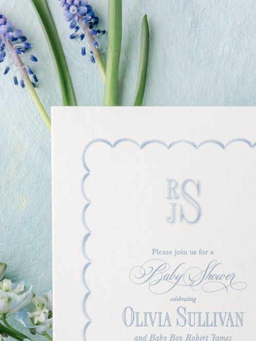 Baby Boy Shower Invitations Scallop Frame - Boy Baby Sprinkle - Classic Invite - Blue Monogram Traditional Boy Sip and See - Baby Brunch (10 printed invitations | Plain White Envelopes)
