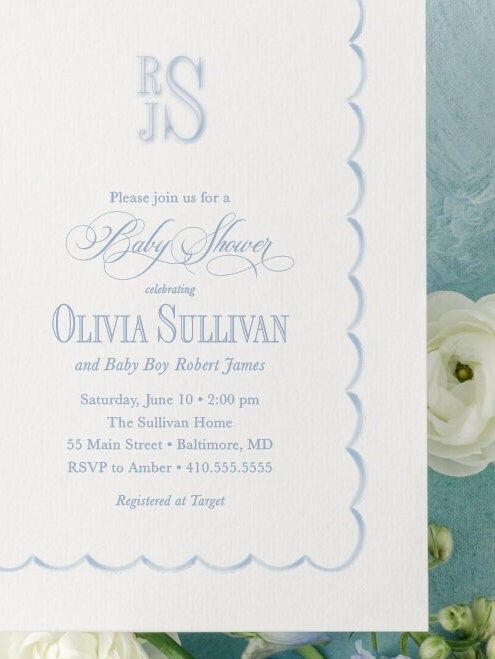 Baby Boy Shower Invitations Scallop Frame - Boy Baby Sprinkle - Classic Invite - Blue Monogram Traditional Boy Sip and See - Baby Brunch (10 printed invitations | Plain White Envelopes)