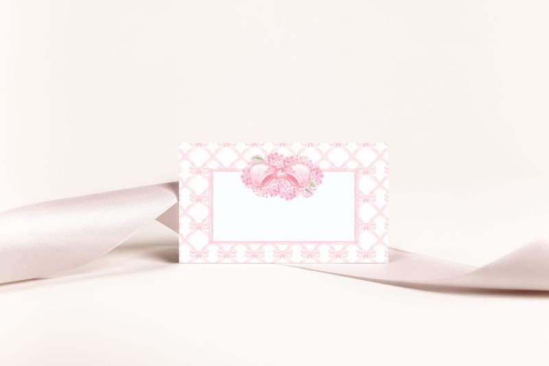Escort Cards for Girl Baby Shower - Pink Hydrangea Place Cards for Baby Girl Sprinkle - Printable File - food tent card - Watercolor Ribbon