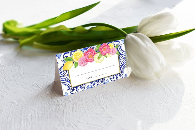 Blue and White Tile with Lemon and Flowers Escort Cards - Place Cards - Porteguese (20 escort cards)
