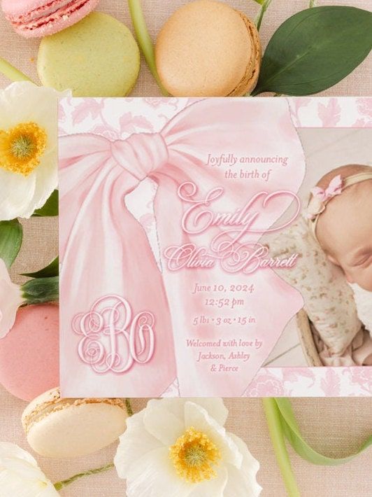 Baby Girl Birth Announcements Printed Fancy Pink Bow Toile Pink Chinoiserie Classic Baby (10 printed invitations | Plain White Envelopes)