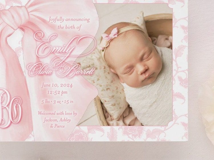 Baby Girl Birth Announcements Printed Fancy Pink Bow Toile Pink Chinoiserie Classic Baby (10 printed invitations | Plain White Envelopes)