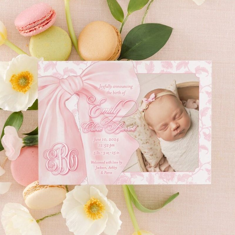 Baby Girl Birth Announcements Printed Fancy Pink Bow Toile Pink Chinoiserie Classic Baby (10 printed invitations | Plain White Envelopes)