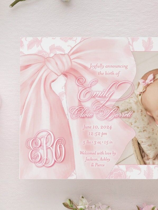 Baby Girl Birth Announcements Printed Fancy Pink Bow Toile Pink Chinoiserie Classic Baby (10 printed invitations | Plain White Envelopes)
