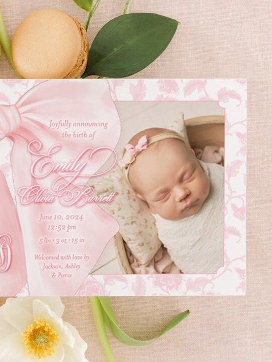 Baby Girl Birth Announcements Printed Fancy Pink Bow Toile Pink Chinoiserie Classic Baby (10 printed invitations | Plain White Envelopes)