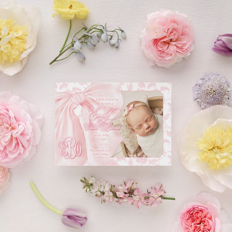 Baby Girl Birth Announcements Printed Fancy Pink Bow Toile Pink Chinoiserie Classic Baby (10 printed invitations | Plain White Envelopes)
