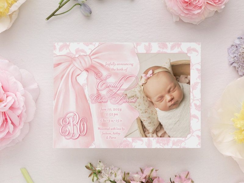 Baby Girl Birth Announcements Printed Fancy Pink Bow Toile Pink Chinoiserie Classic Baby (10 printed invitations | Plain White Envelopes)