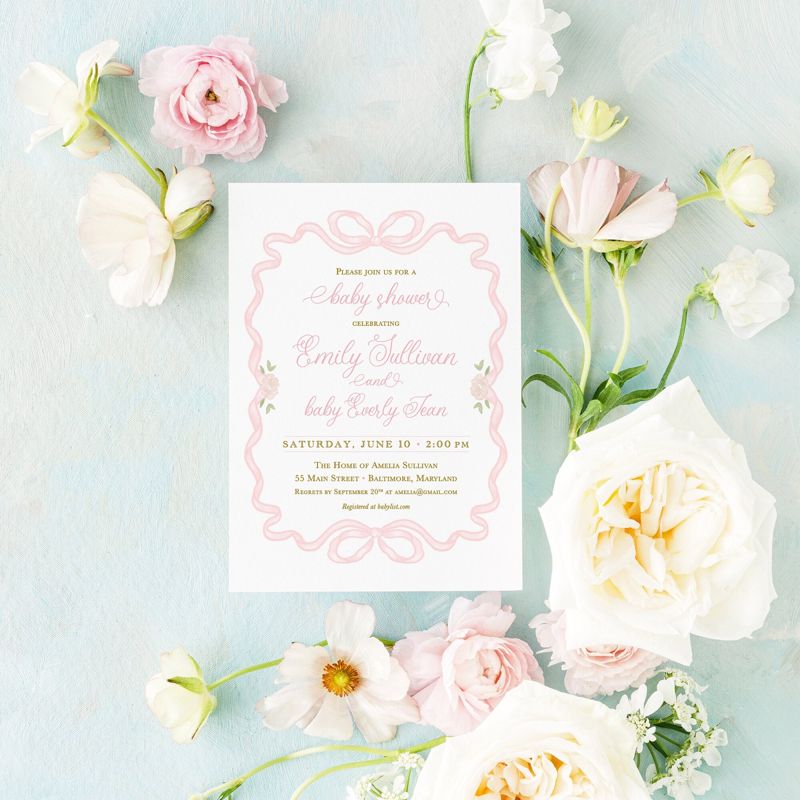 Girl Baby Shower Invitation, Pink Bow Classic Invitations, Baby Girl Sprinkle Invite, Traditional Invitation, 1st Birthday, Printed Invites (10 printed invitations | Plain White Envelopes)