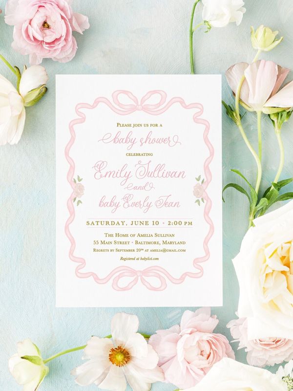 Girl Baby Shower Invitation, Pink Bow Classic Invitations, Baby Girl Sprinkle Invite, Traditional Invitation, 1st Birthday, Printed Invites (10 printed invitations | Plain White Envelopes)
