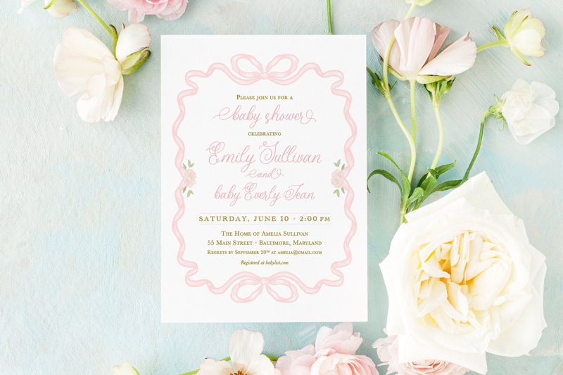 Girl Baby Shower Invitation, Pink Bow Classic Invitations, Baby Girl Sprinkle Invite, Traditional Invitation, 1st Birthday, Printed Invites (10 printed invitations | Plain White Envelopes)