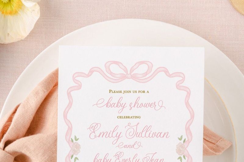 Girl Baby Shower Invitation, Pink Bow Classic Invitations, Baby Girl Sprinkle Invite, Traditional Invitation, 1st Birthday, Printed Invites (10 printed invitations | Plain White Envelopes)
