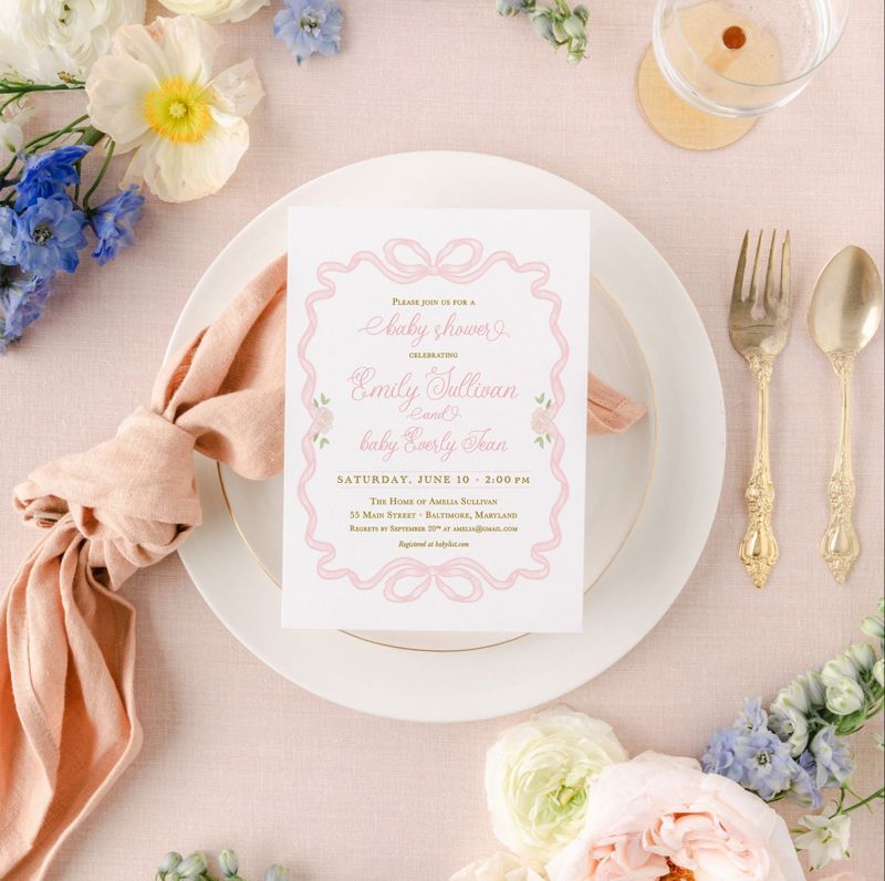 Girl Baby Shower Invitation, Pink Bow Classic Invitations, Baby Girl Sprinkle Invite, Traditional Invitation, 1st Birthday, Printed Invites (10 printed invitations | Plain White Envelopes)