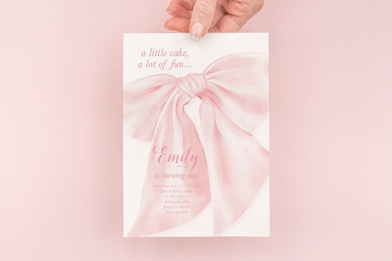 Bow First Birthday Invitations, Preppy Pink Bow Invites, Watercolor Bow, Little Lady, Girl 1st Birthday, Fancy Garden Party, Whimsical Bow (10 printed invitations, Plain White Envelopes)