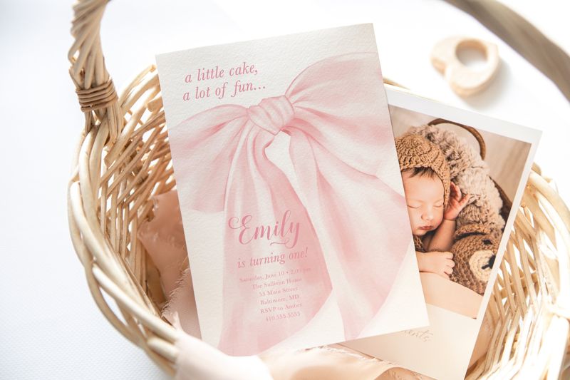Bow First Birthday Invitations, Preppy Pink Bow Invites, Watercolor Bow, Little Lady, Girl 1st Birthday, Fancy Garden Party, Whimsical Bow (10 printed invitations, Plain White Envelopes)